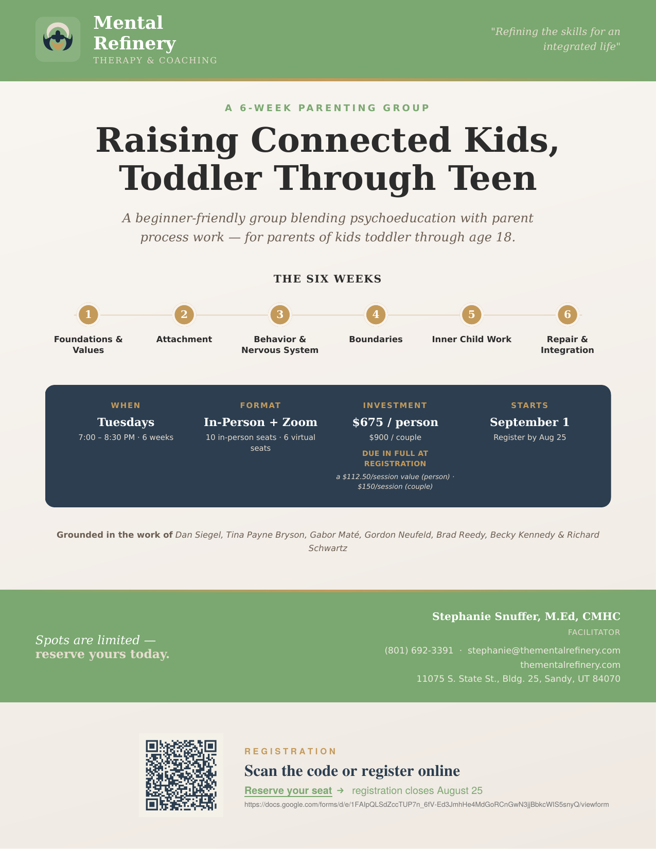 Flyer: Raising Connected Kids, Toddler Through Teen — a 6-week parenting group starting September 1